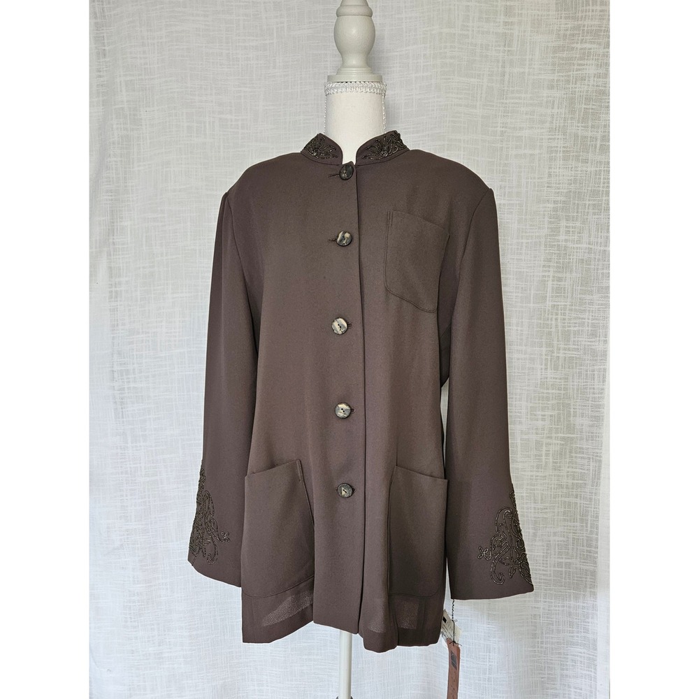VTG Carole Little Jacket Women 14 Brown Embroidered Mandarin Collar Button Front